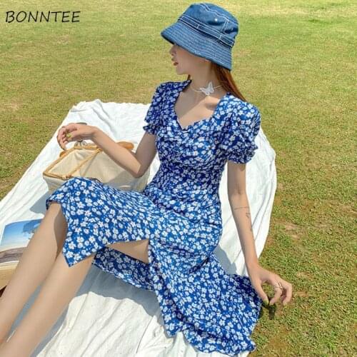 Dress Women Short Sleeve Midi Maxi Retro Printing Side-slit Sexy Skinny Elegant Chiffon Holiday Chic Trendy Tunic French Romance