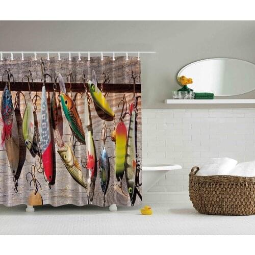 Fish on Hooks Fishing Lure Rods Fisherman Gifts Bathroom Design for Fisherman Creative Decoration Fish Theme Shower Curtain