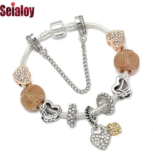 Seialoy Gold Silver Color Heart Beaded Heart Charm Bracelets For Women Mom Original Shiny Heart-shaped Bracelet Jewelry
