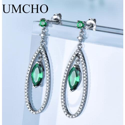 UMCHO Solid Silver 925 Jewelry Marquise Created Nano Emerald Drop Earrings For Women Anniversary Birthday Gift Fine Jewelry