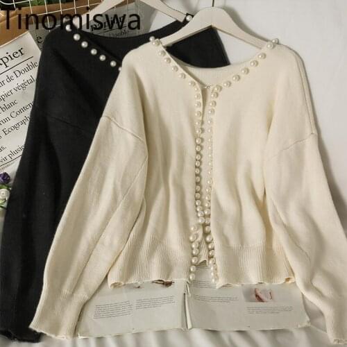 Tinomiswa 2021 Autumn Pearl Cardign Women Elegant All-match V Neck Long Sleeve Sweater Women New Loose Solid Color Chic Tops