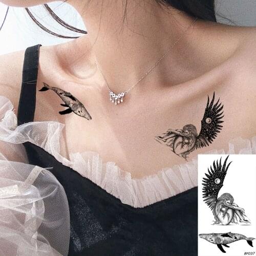 VANKIRS Black Sketch Temporary Tattoo Women Chest Clavicle Whale Tattoo Sticker Men Eagle Body Arm Planet Fake Tatoos Supplies