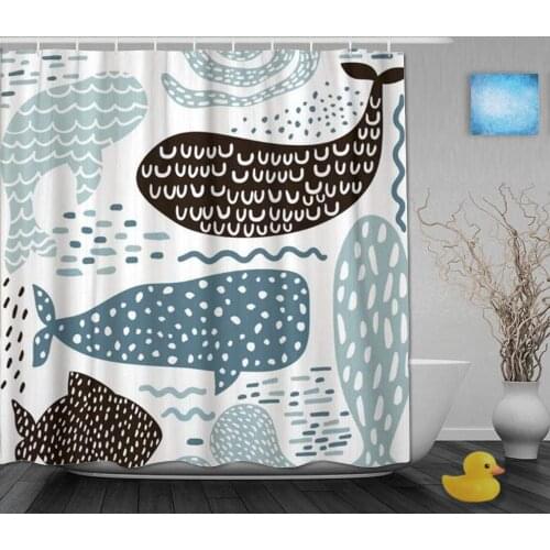 Shower Curtain,Sea Animal Fur Seal Whale Octopus Fish Childish,Cloth Fabric Bathroom Decor Set with Plastic Hooks