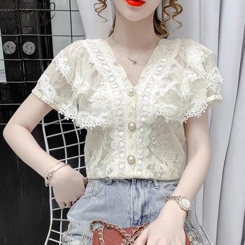 Sweet Lace Blouse Summer 2021 New Short Sleeve V-neck Blouse Ruffles Women Tops Crochet Mesh New Chiffon Shirt Blusas 14174