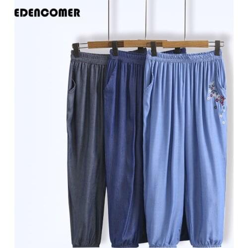 Large Size Womens Thin Jeans 2021 Summer New High-waist Embroidered Bouquet Foot Radish Pants Clothes for Women Cotton