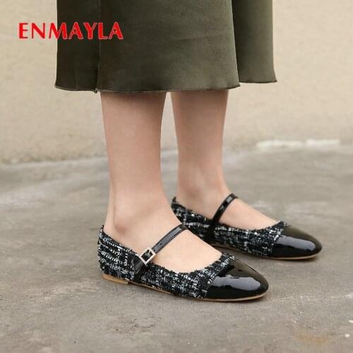 ENMAYLA 2020 Casual Round Toe Patent Leather Patchwork Square Heel Buckle Strap Spring/Autumn Sweet Women Shoes Size 34-43