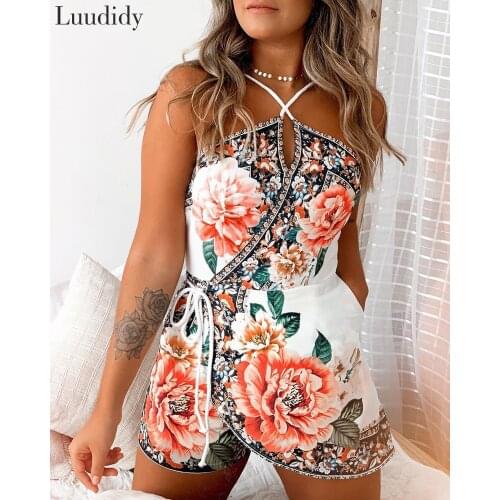Women Elegant Floral Print Casual V Neck Sleeveless Short Romper Halter Floral Print Summer Romper
