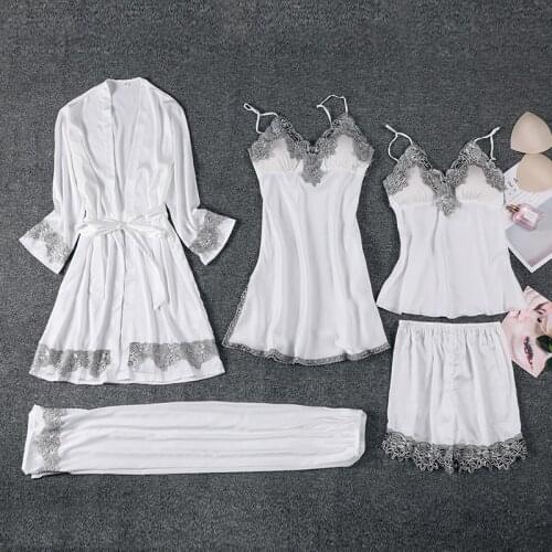 Female 5PCS Pajamas Suit Sexy V-Neck Strap Top&Pant Sleepwear Autumn Chiffon Pijama White Sweet Lace Trim Nightwear With Belt