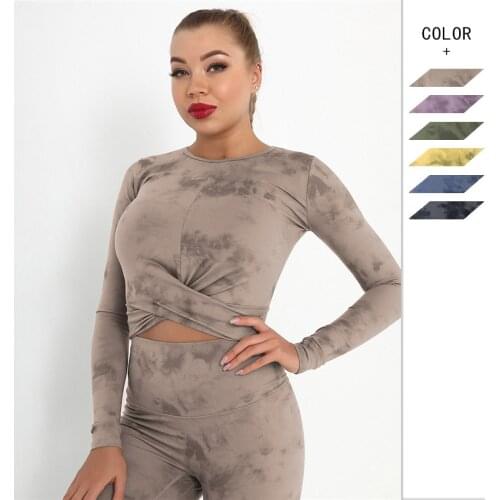 New Women Hem Cross-slim Gym Clothes Sanded Nude Seamless Tie-dye Top Sports Long-sleeved Workout Clothes Women Casual T-Shirt