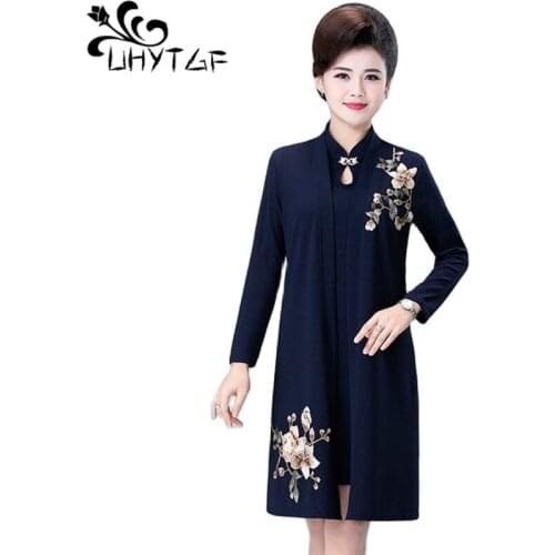 UHYTGF Vintage Cheongsam Dress Women Fashion Embroidery High-End Spring Autumn Dress Two-Piece Sets Female Plus Size 5XL Suit 13