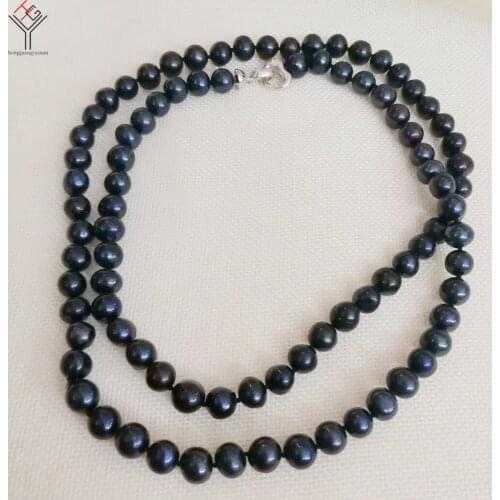 30'' 80cm Women Jewelry necklace 9x10mm black pearl handmade necklace love heart clasp natural freshwater pearl