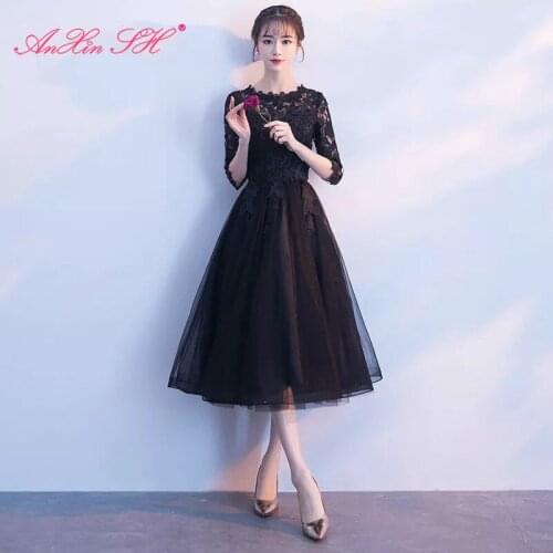 AXJFU princess black lace flower evening dress party o neck half sleeve red lace zipper champagne lace high/low evening dress