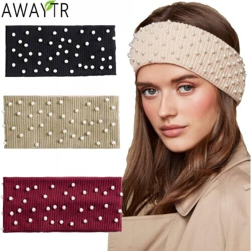 AWAYTR Wool Pearl Knitted Elastic Hairband Wide Turban Solid Knit Warmer Ears Headbands Hair Bands Ties Women Hair Accessories