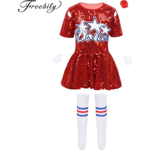Child Girls Hip-hop Jazz Stage Dance Costume Cheerleading Outfit Sequins Crop Top +Skirt Shorts Flower Socks Set Kids Dance Wear