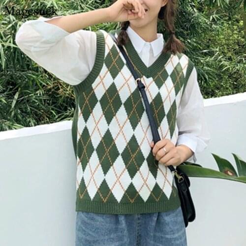 Preppy Style Loose Sweater Vest Women Pullover Spring Autumn Argyle Sweater Vest Sleeveless Plaid Knitted Sweater Vests 11832