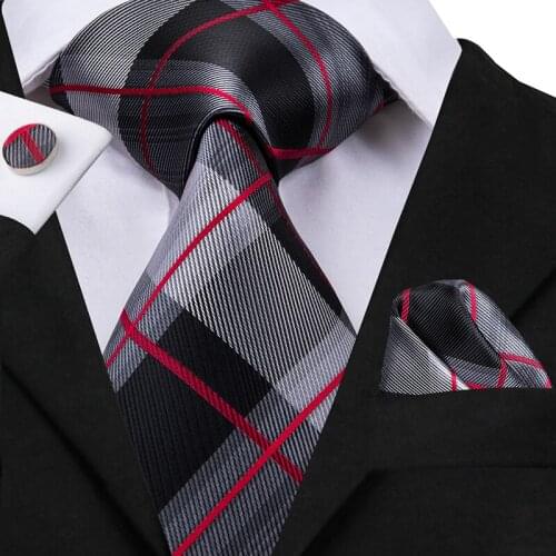 Hi-Tie 8.5cm Men Tie Silk Woven Plaid Tie Gray Necktie Hanky Cufflinks Set for Business Party Wholesale