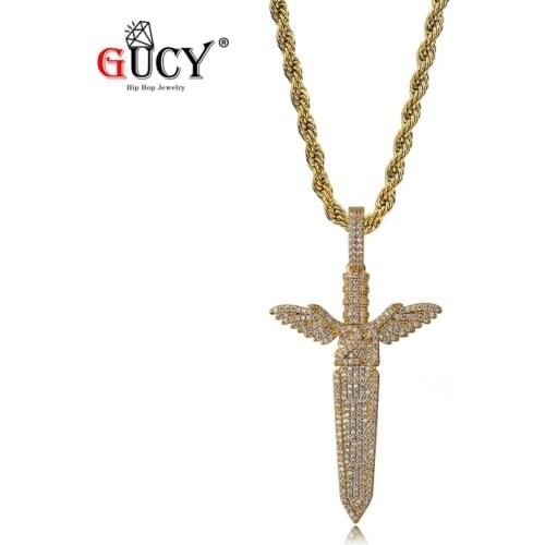 GUCY Solid Back The Sword Pendant Necklace All Iced Out Cubic Zircon Chain Necklaces Gold Silver Color Mens Hip Hop Jewelry