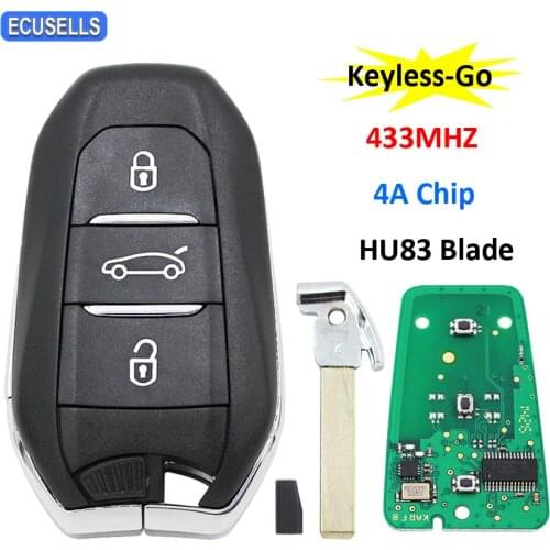 Keyless-Go 3 Buttons Smart Remote Key 433Mhz 4A Chip for Peugeot 208 308 508 3008 5008 after 2016 Year with HU83 Emergency Key