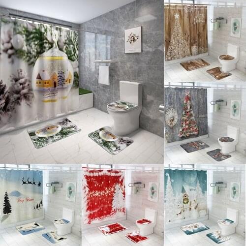 Christmas Tree Shower Curtain Set Elk Santa Claus Bath Mats Sets Anti-skid Rug Toilet Lid Cover Mat Bathroom Curtains with Hooks