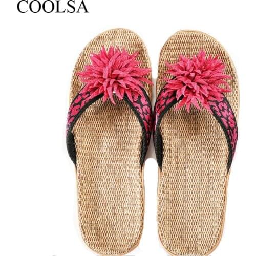 COOLSA Womens EVA Floral Home Wooden Floor Linen Flip Flops Ladies Resort Hotel Natural Flax Slippers Bathroom Flat Slides Hot