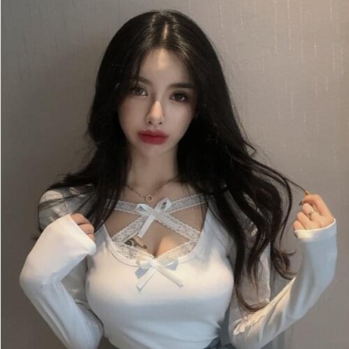 Lace Top Womens Spring and Autumn Tight Long-Sleeved T-shirt