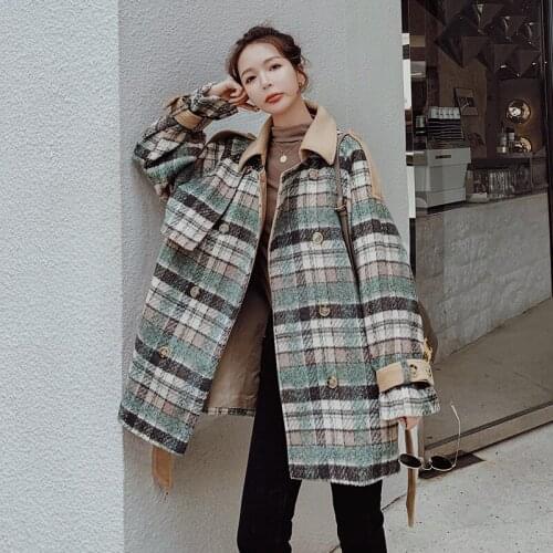 Fashion Stitching Color Plaid Jacket Woolen Coat Female 2021 Winter New Long Warm Loose Lapel Double-Breasted Waist Tie Retro