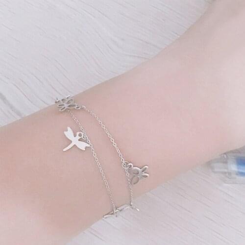 Fashion Women Silver color Stainless Steel Star Butterfly Dragonfly No Fade Bracelets Bangles Charm Girl Party Wedding Jewelry