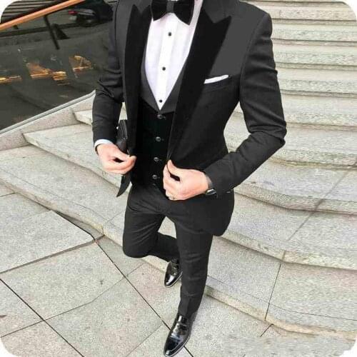 Custom Made Men Suits Charcoal and Black Groom Tuxedos Peak Lapel Groomsmen 3 Pieces Set ( Jacket+Pants+Vest+Bow Tie ) D321