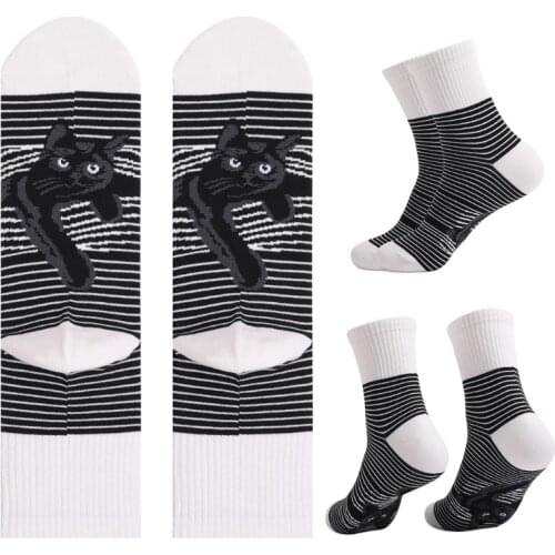 Women Men Novelty Black White Striped Crew Socks Funny Cute Cartoon Cat Printed Bottom Casual Mid Tube Hosiery Gifts for Animal