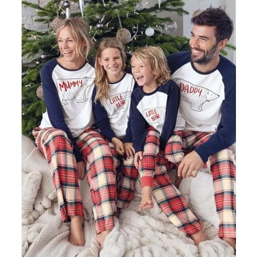 Family matching clothing spring and autumn mom dad girl boy casual plaid bear pajamas printed long-sleeved childrens clothing