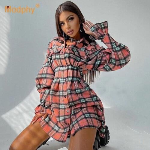 Women Dress Retro Plaid A-line Dresses Female Lantern Long Sleeve Tunic Lapel Korean Fashion Design Casual Streetwear 2021 Tide