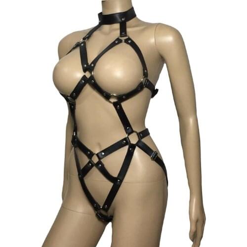 Sexy Womens PU Leather Strappy Fetish Body Harness Leotard Teddy Cupless Bra Bodysuit Kinky Role Play Costume