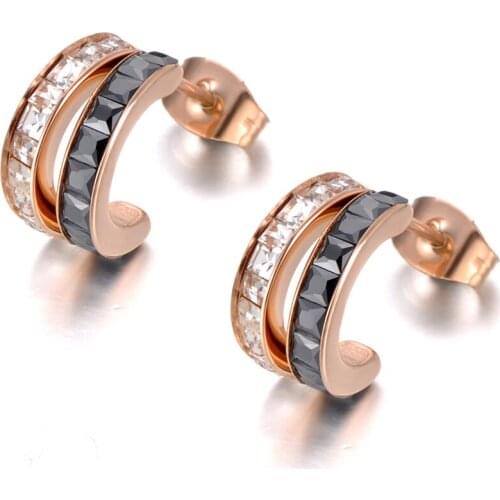 Sparkling Stainless Steel Semicircle White/Black CZ Crystal Wedding Earrings Jewelry For Women Fashion Jewelry E19218