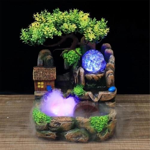 LED Lights Rockery Water Fountain Resin Waterfall Ornaments Spray Fountain Office Feng Shui Wheel Decor Home Decoration