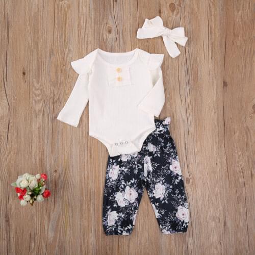 New Born Girls Ribbded Suit Solid Lace Long Sleeve Top Flower Printing Long Pants and Hairband 3-piece Suits