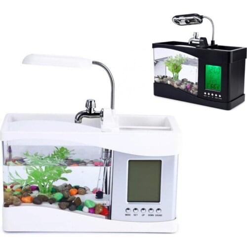 USB Mini Aquarium Desktop Fish Tank Electronic LED Aquarium Fish Bowl Decoration With Water Pump LED Light Calendar Clock