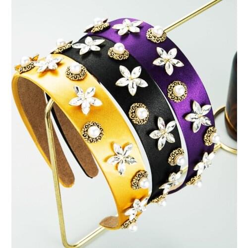 Baroque Rhinestone Imitation Pearl Beaded Garland Headdress Retro Court Style Broad-brimmed Solid Color Fabric Hair Band Hairpin