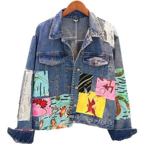 2019 Autumn Womens Denim Jacket Sequins Handmade Patch with Irregular Denim Jacket Coats Womens Long Sleeve Short Jeans Jacket
