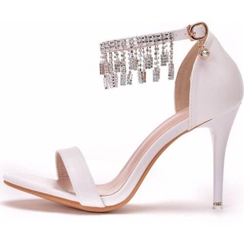 Women sandals wedding Party PU Rhinestones Buckle Strap 9.5CM Thin High heels Round Toe sandal women shoes 2020 size 35-42