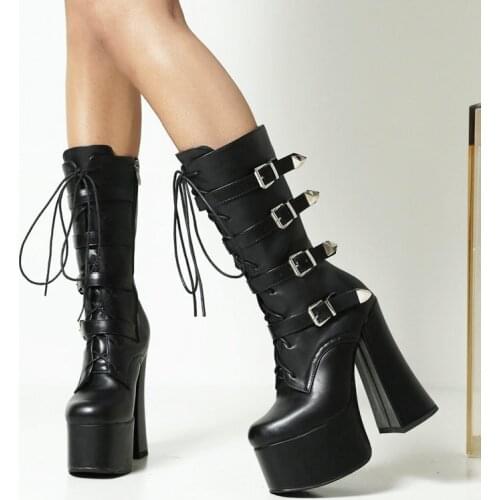 2021 Super High Heel Women Boots Fashion Patetnt Leather Mid Calf Boots Metal Belt Buckle Motorcycle Boots Autumn Winter Shoes