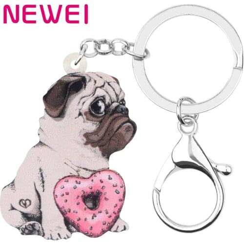 NEWEI Acrylic Valentines Day Donuts Pug Dog Key Chains Animal Key Ring Bag Car Purse Decorations For Women Girl Teen Charm Gift