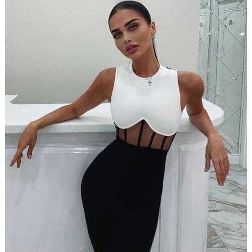 2020 Women Sexy Designer Lace Mesh Tank Patchwork Bandage Jumpsuit Bodycon High Street Celebrity Skinny Party Jumpsuit Rompers