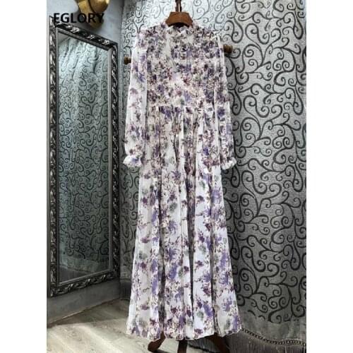Top Quality New Long Dress 2021 Spring Summer Party Evening Women Purple Floral Print Cascading Ruffle Elegant Long Maxi Dress