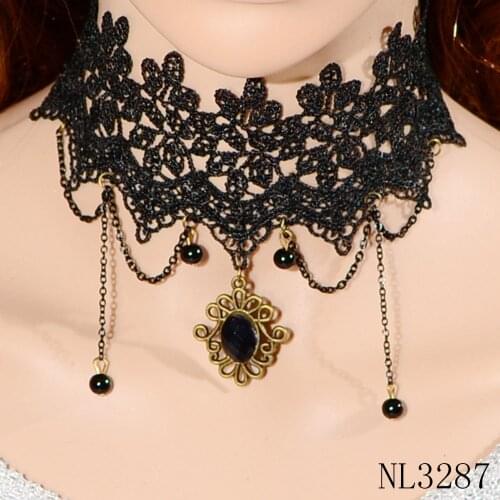 Vintage Gothic Black Beads Tassels Chain Collar Choker Lace Necklace for Women Fashion Jewelry Accessories