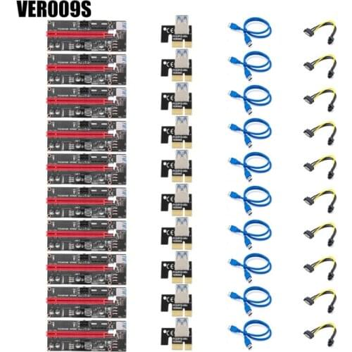 10pcs VER 009S PCI-e Riser 16X 009 PCI Express 1X to 16X Extender Adapter Card USB 3.0 SATA GPU 15Pin to 6 Pin for BTC Miner