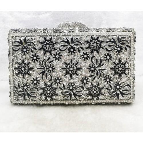 White Diamond Evening Clutch Black Flower Glitter Purse High-End Mobile Phone Chain Handbags Fashion Celebrities Wedding Bags