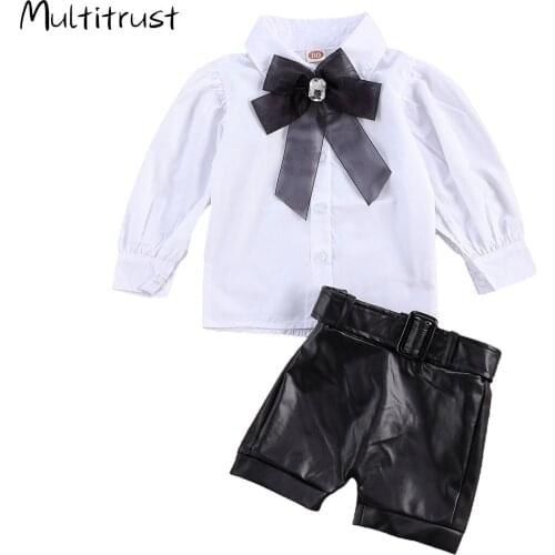 1-6Y Fashion Children Girls Clothing Sets Toddler Kids Girls Lace Bowtie Blouse Shirts Tops+PU Leather Shorts Tracksuits Outfits