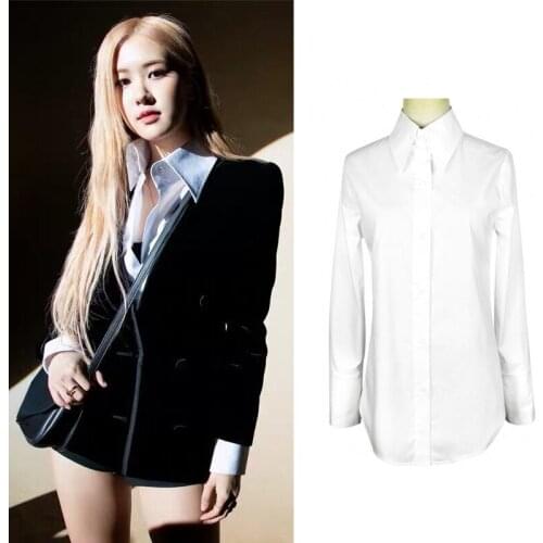 Kpop ROSE Korean Women Autumn New Fashion White Lapel Shirts Single Breasted Long Sleeve Ladies Office Elegant Slim Blouses Tops
