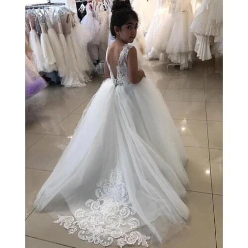 Flower Girl Dresses For Weddings Lace Appliqued Sleeveless Girls Pageant Dress For Wedding Prom Kid Communion Gowns