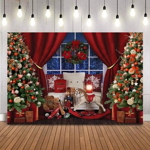 Christmas tree Backdrop for Photography Winter Snow Windows Newborn Baby Photographic Studio Children Toys Bear Wreath Photocall